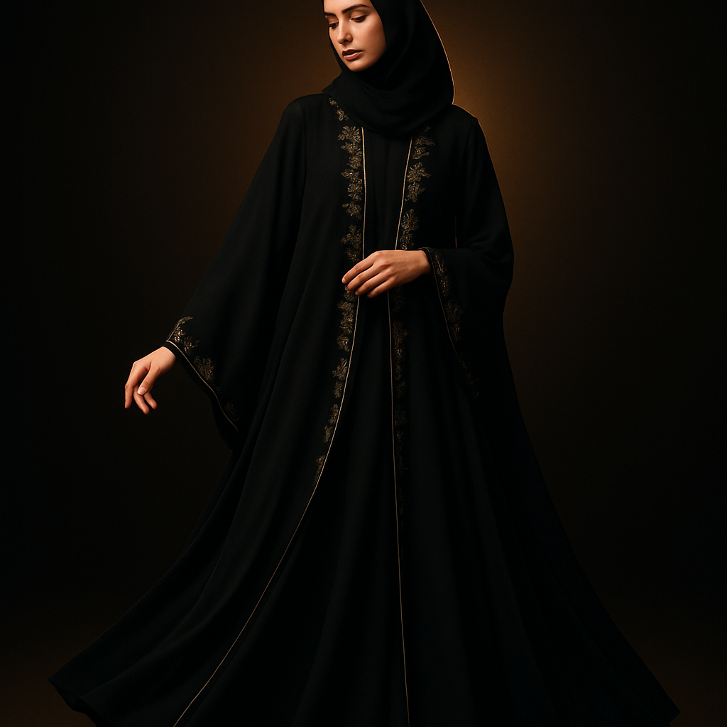 Elegant black abaya with gold embroidery from Kimono Fashion Dubai